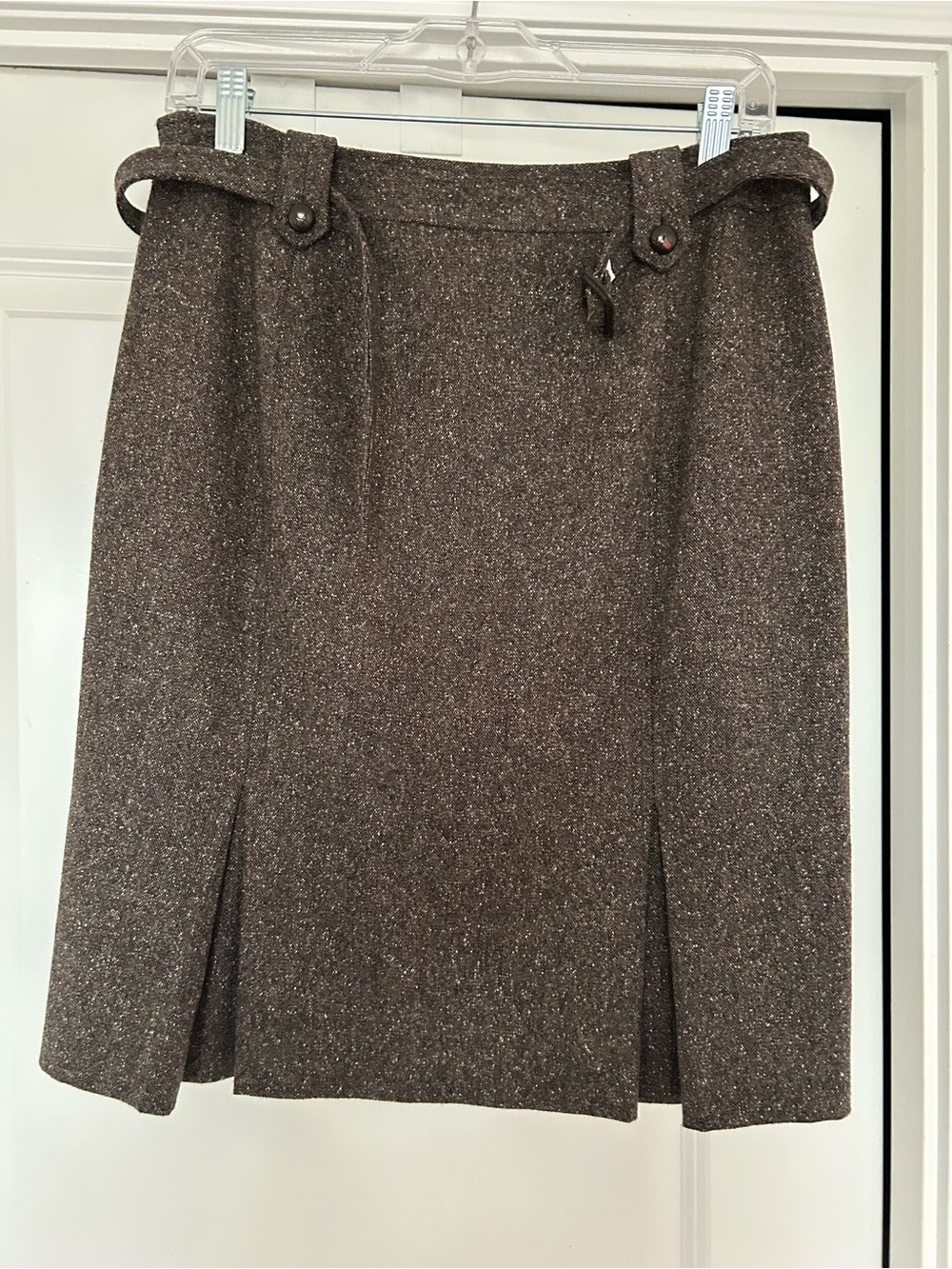 Brown Tweed A-Line Skirt with Buttoned Waist Tabs